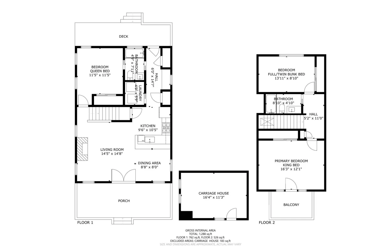 This wide-angle interior shot showcases the interconnected living room, kitchen, and dining spaces, with a view that flows from the cozy living area to the fully-equipped kitchen and adjacent deck. Natural light fills the rooms, and comfortable furnishings invite relaxation and socializing. The deck visible through the windows hints at more gathering opportunities just outside.